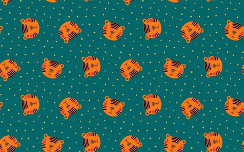Cute cartoon tiger faces seamless pattern on green 스톡 일러스트