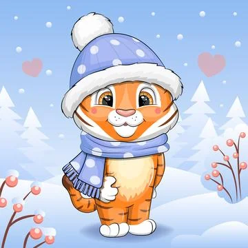 Cute cartoon tigger in winter. 库存插图