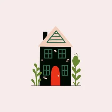 Cute cartoon tiny house. Flat small city building with garden, modern small Stock Illustration