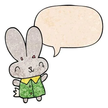 Cute cartoon tiny rabbit and speech bubble in retro texture style Stock Illustration