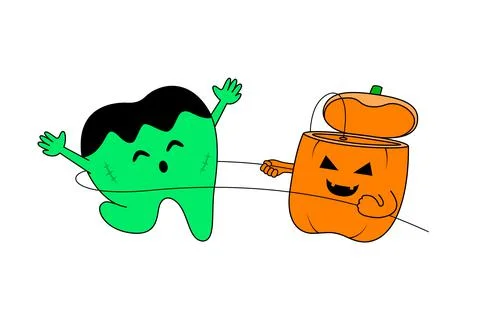 Cute cartoon tooth character using dental floss. Happy halloween day. Stock Illustration