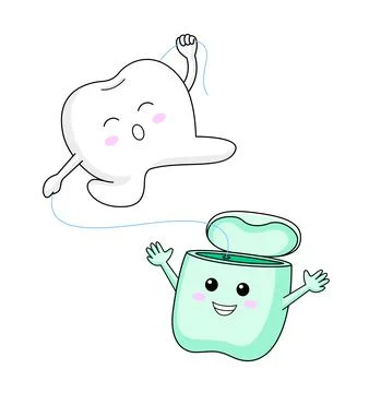 Cute cartoon tooth character using dental floss. Stock Illustration