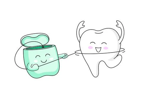 Cute cartoon tooth character using dental floss. Illustrazione stock