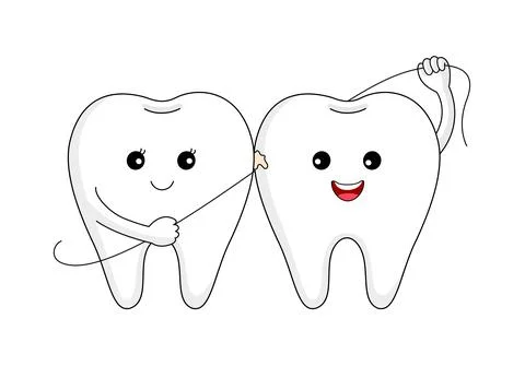 Cute cartoon tooth character using dental floss. Dental care concept. Stock Illustration