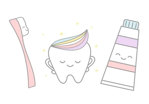 Cute cartoon tooth with rainbow toothpaste and pink tooth brush Stock Illustration