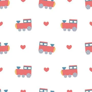 Cute Cartoon Train Seamless Pattern Vector Stock Illustration