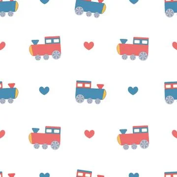 Cute Cartoon Train Seamless Pattern Vector Stock Illustration