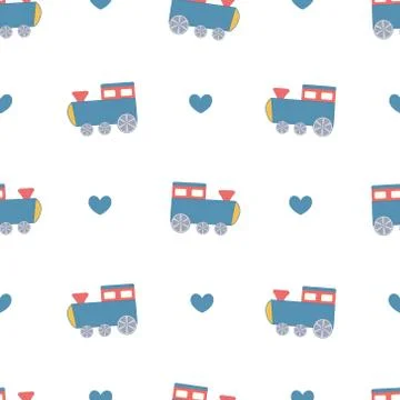 Cute Cartoon Train Seamless Pattern Vector Stock Illustration