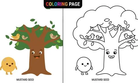 Cute Cartoon Tree and Seed Coloring Page for Kids. 스톡 일러스트