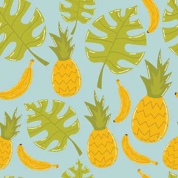 Cute cartoon tropical seamless pattern with pineapple, banana and Monstera .. 스톡 일러스트