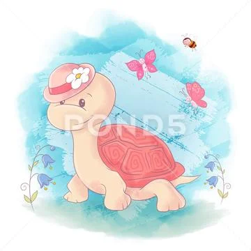 Cute Cartoon Turtle on a blue watercolor background Stock Illustration