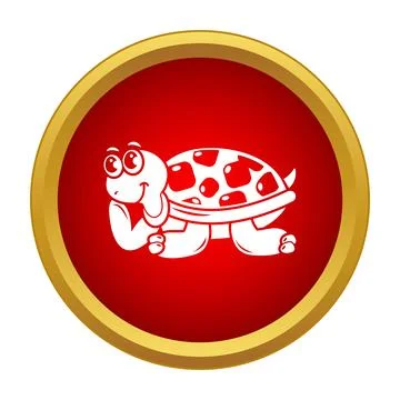 Cute cartoon turtle character smiling on a red button icon Illustrazione stock