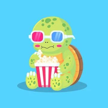 Cute Cartoon Turtle Eating Popcorn While Wearing Sunglasses Illustrazione stock