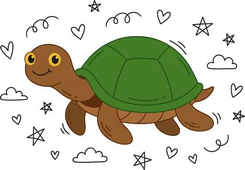 Cute Cartoon Turtle with Green Shell and Happy Face. Illustrazione stock