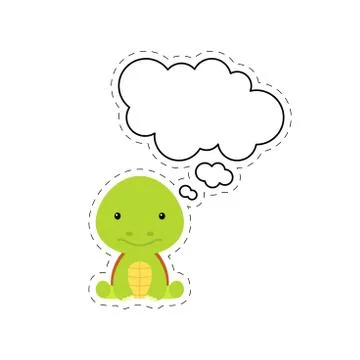 Cute cartoon turtle with speech bubble sticker. Kawaii character on white bac Illustrazione stock
