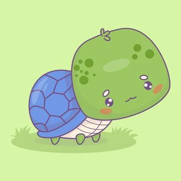 Cute cartoon turtle standing in grass. Funny little kawaii animal. Vector i.. Stock Illustration