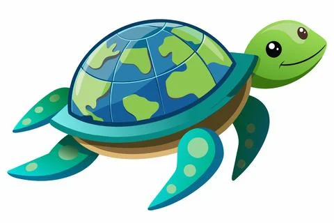Cute cartoon turtle with a world map on a white background. Stock Illustration