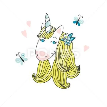 Cute cartoon unicorn head isolated on white. Stock Illustration