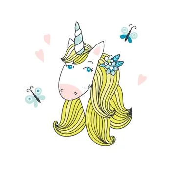 Cute cartoon unicorn head isolated on white. Stock Illustration