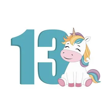 Cute cartoon unicorn with number 13 for birthday. Stock Illustration