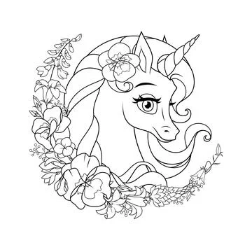 Cute cartoon unicorn surrounded with flowers. Vector coloring page. Stock Illustration