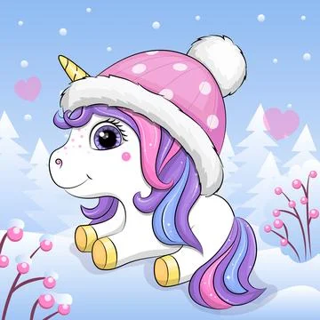 Cute cartoon Unicorn in winter. 库存插图