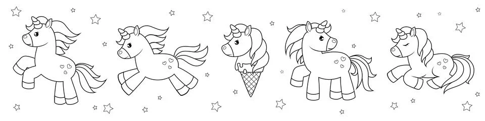 Cute cartoon unicorns with developing manes and tails Stock Illustration