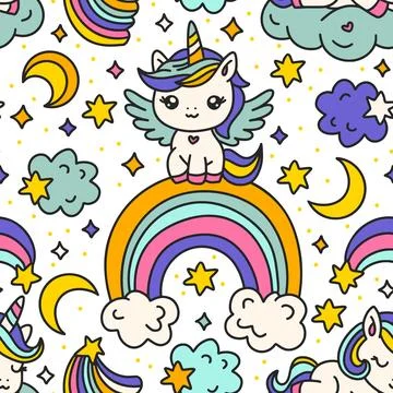 Cute Cartoon Unicorns Seamless Pattern. Unicorn Animal And Rainbow. Kids Illustrazione stock
