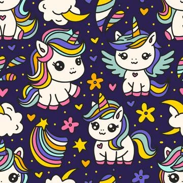 Cute Cartoon Unicorns Seamless Pattern. Unicorn Animal And Rainbow. Kids Illustrazione stock