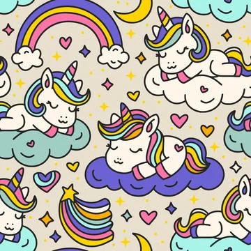 Cute Cartoon Unicorns Seamless Pattern. Unicorn Animal And Rainbow. Kids Illustrazione stock