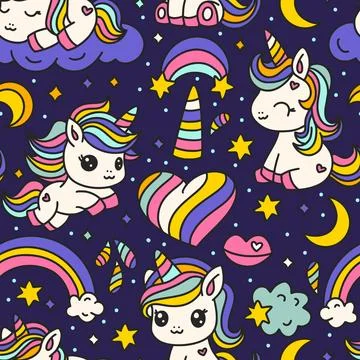 Cute Cartoon Unicorns Seamless Pattern. Unicorn Animal And Rainbow. Kids Stock Illustration