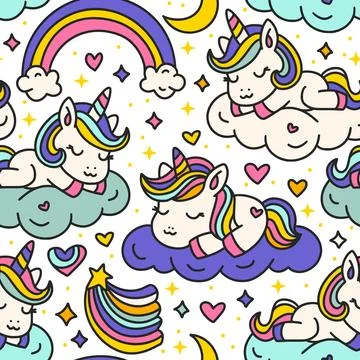 Cute Cartoon Unicorns Seamless Pattern. Unicorn Animal sleeping on a Cloud And イラスト素材