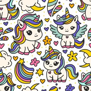 Cute Cartoon Unicorns Seamless Pattern. Unicorn Animal And Rainbow. Stock Illustration