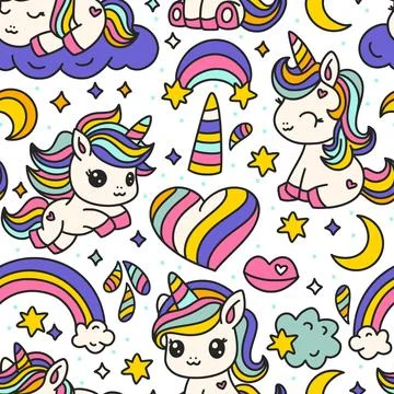 Cute Cartoon Unicorns Seamless Pattern. Unicorn Animal And Rainbow. Stock Illustration