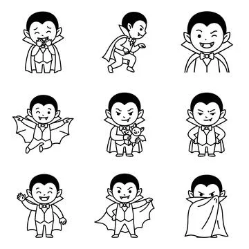Cute cartoon vampire characters, black and white line art illustrations, Ha.. Ilustração Stock