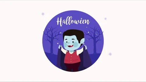 Cute cartoon vampire child in cape in spooky forest at night for Halloween .. Stock Footage 339336419