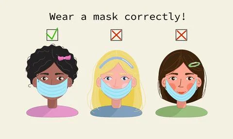Cute cartoon vector correct wearing medical masks Stock Illustration