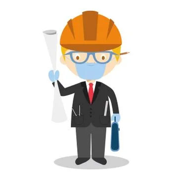 Cute cartoon vector illustration of an architect with surgical mask and latex Stock Illustration