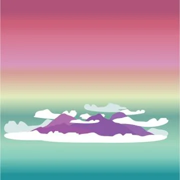 Cute cartoon vector illustration of clouds and purple hills Stock Illustration