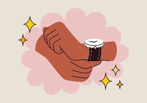 Cute cartoon vector illustration of hands putting on wristwatch. Stock Illustration