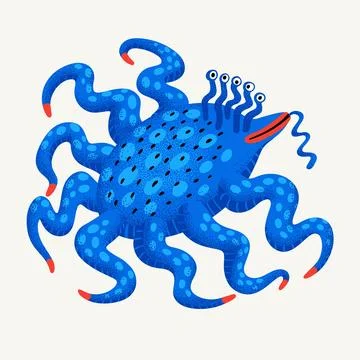 Cute cartoon vector monster. Blue water monster character with tentacles and Stock Illustration