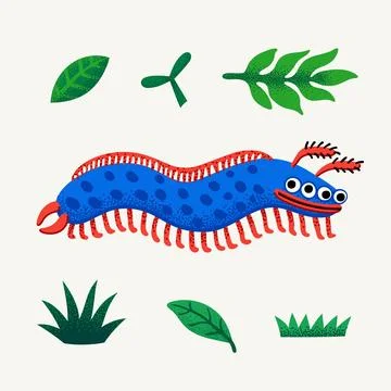 Cute cartoon vector monster. Monster character centipede or caterpillar insect Illustrazione stock