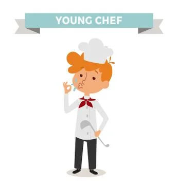 Cute cartoon vector profession chef kid with cook spoon Stock Illustration