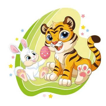 Cute cartoon vector tiger with Easter bunny Stock Illustration