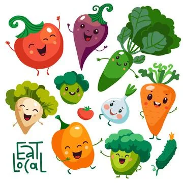 Cute Cartoon vegetable characters set. Kawaii faces of roots, carrot, broccoli Stock Illustration