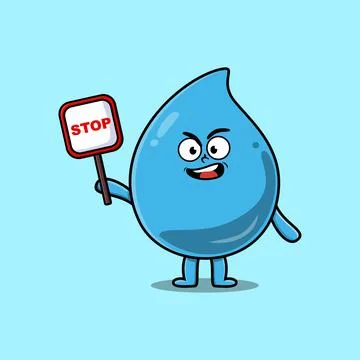 Cute Cartoon water drop with stop sign board 스톡 일러스트