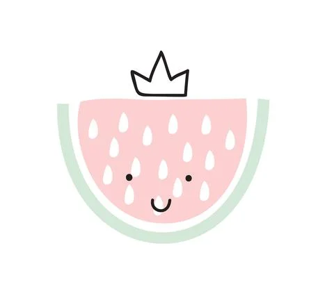 Cute cartoon watermelon with crown, vector scandinavian style. Baby design for 스톡 일러스트