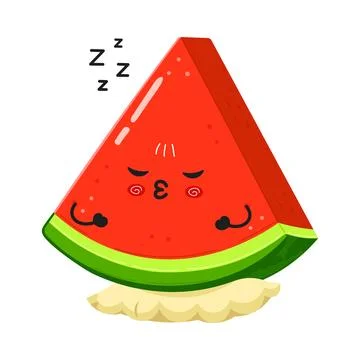 A cute cartoon watermelon slice is sleeping peacefully on a fluffy pillow. Stock Illustration