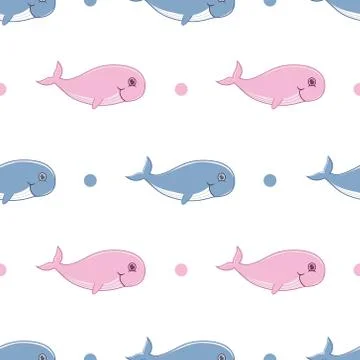 Cute cartoon whale seamless pattern on isolated white background Stock Illustration