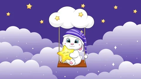 Cute cartoon white rabbit in a nightcap holds a yellow star. Stock Footage 314314395